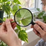 Magnifier held beneath a houseplant leaf to inspect small white cottony patches