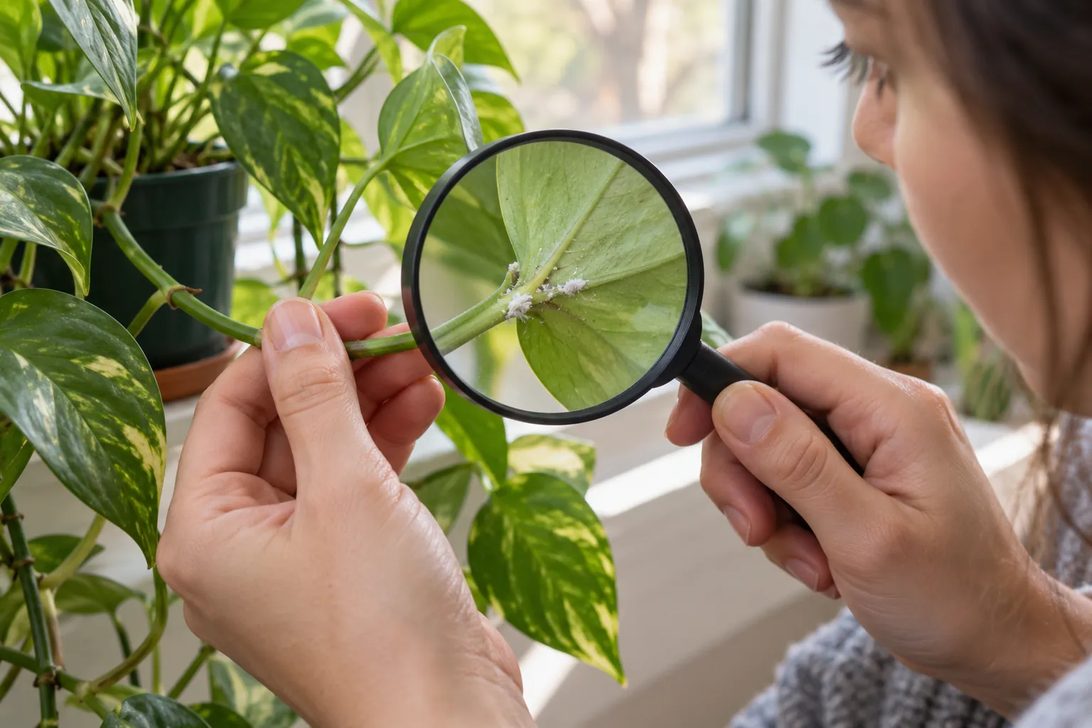 Magnifier held beneath a houseplant leaf to inspect small white cottony patches
