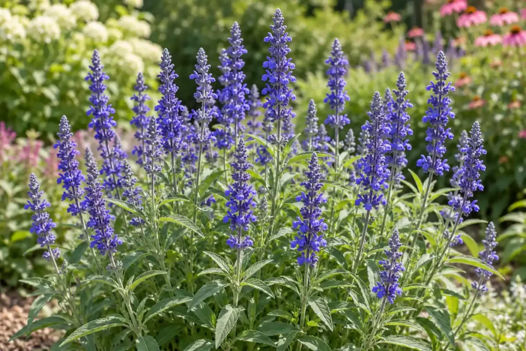 Violet-blue mealycup sage flower spikes above narrow green leaves