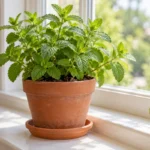 Healthy mint growing in a terracotta pot on a bright indoor windowsill