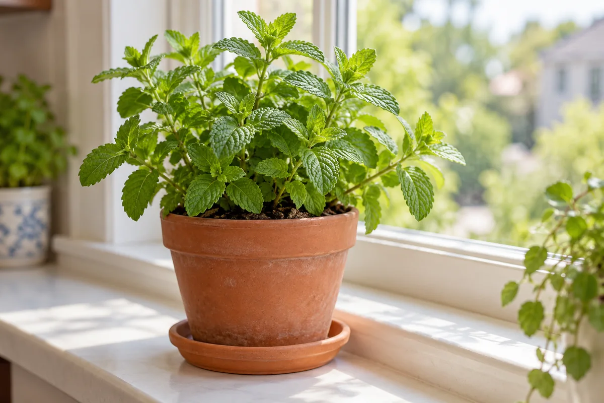 Healthy mint growing in a terracotta pot on a bright indoor windowsill