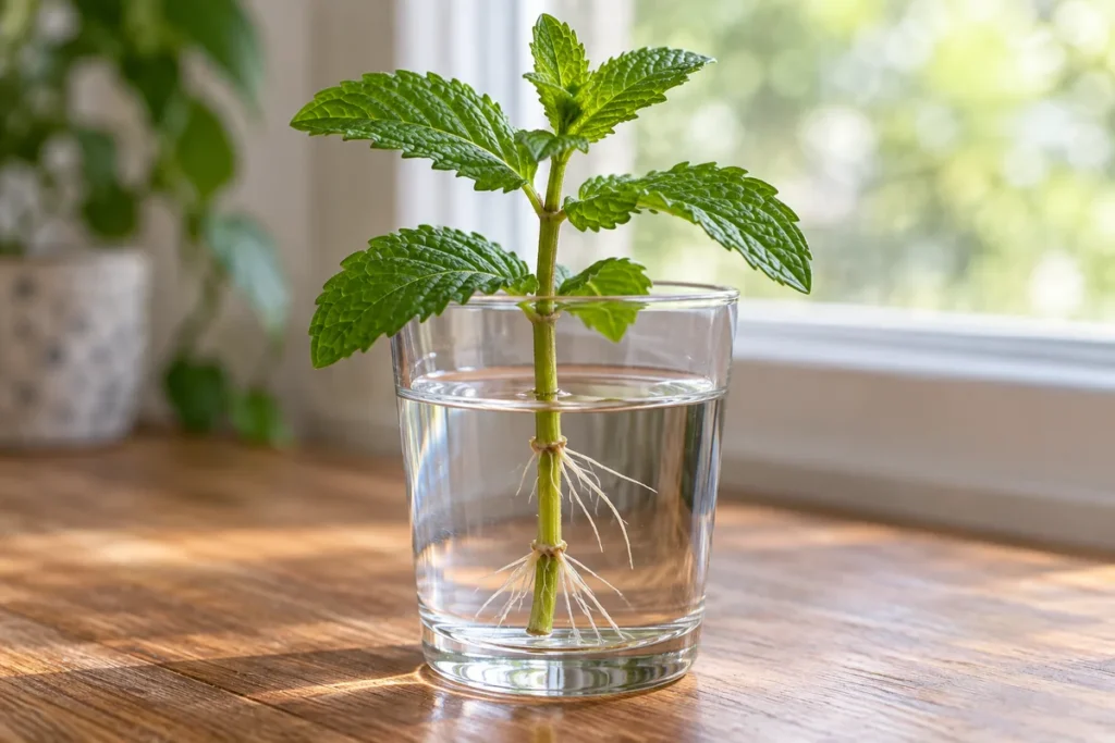 Mint stem cutting with lower leaves removed and roots beneath the waterline