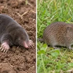 Mole with broad digging forefeet beside a short-tailed brown vole