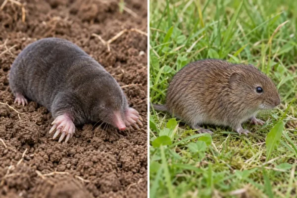 Mole with broad digging forefeet beside a short-tailed brown vole
