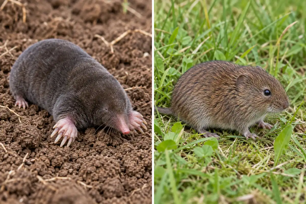 Mole with broad digging forefeet beside a short-tailed brown vole