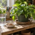 Pothos beside a water jug and a separate dish of brown granules on a potting bench