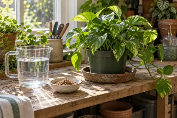 Pothos beside a water jug and a separate dish of brown granules on a potting bench