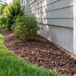 Bark mulch beside a house foundation and downspout extension