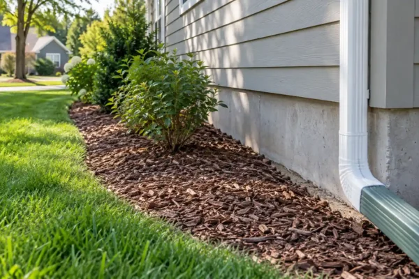 Bark mulch beside a house foundation and downspout extension