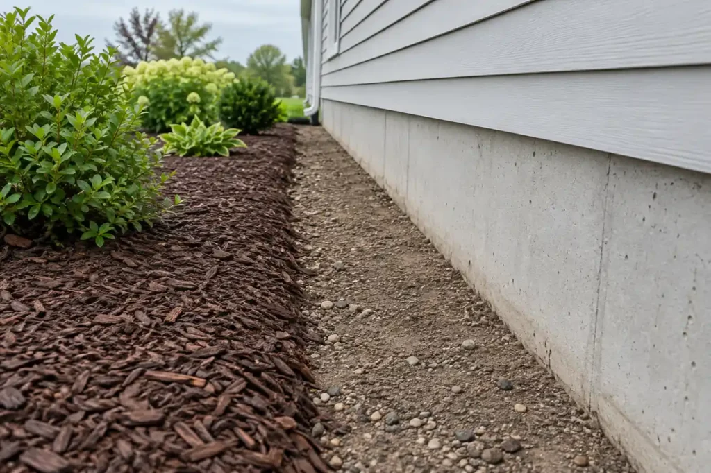 Bare soil separating bark mulch from an exposed concrete foundation
