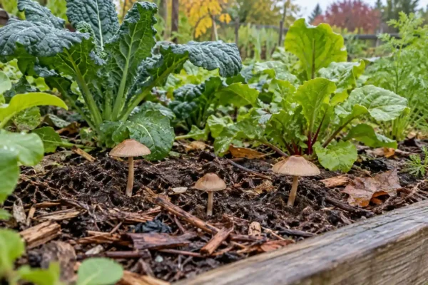 Small tan mushrooms emerging among wood chips and vegetables in a raised garden bed