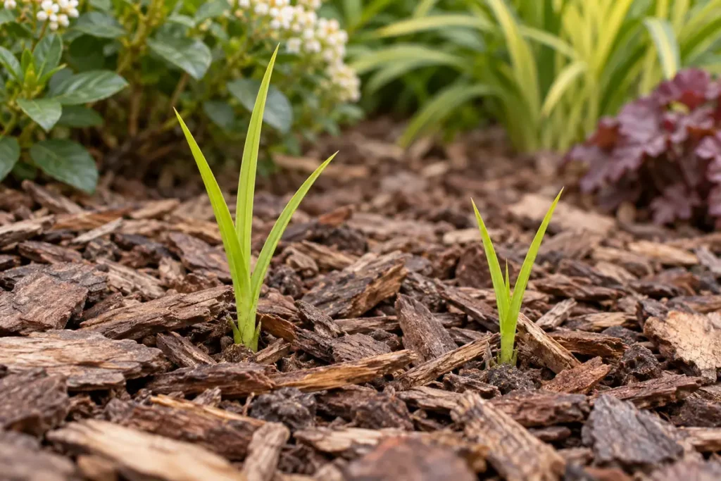 Two young yellow-green nutsedge shoots emerging through coarse bark mulch