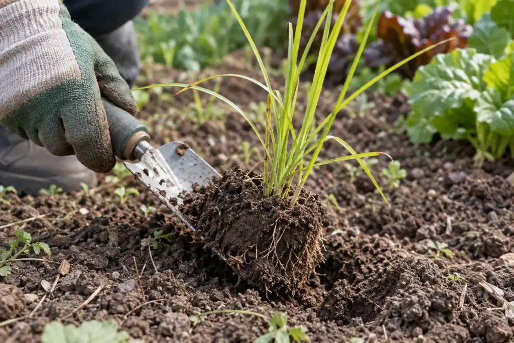 Gloved gardener lifting a nutsedge clump and surrounding soil with a hand trowel