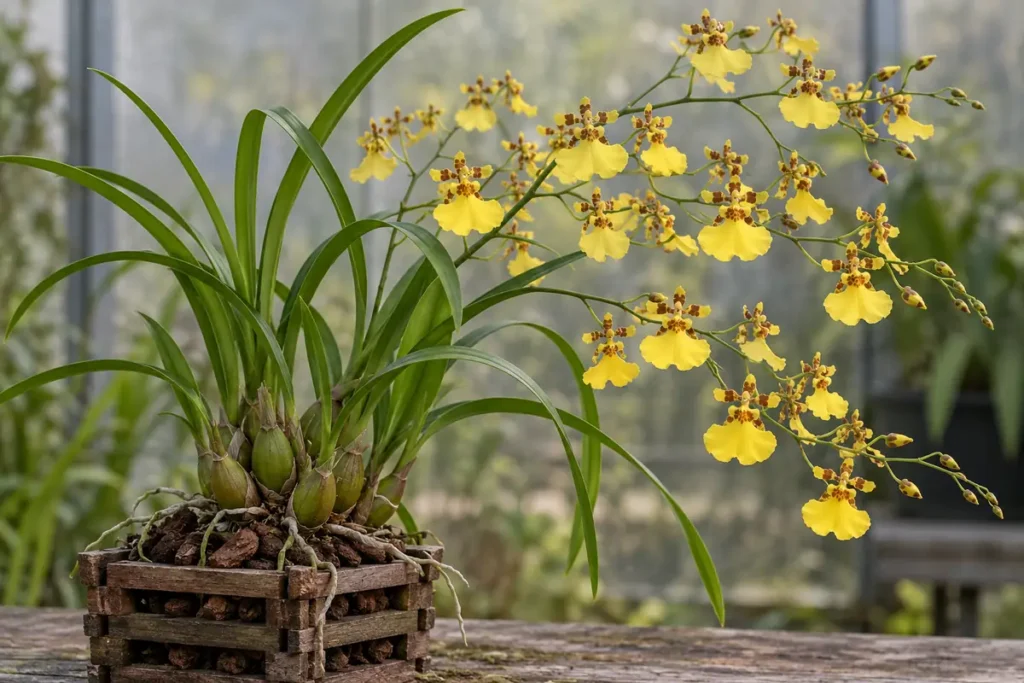 Small yellow Oncidium flowers on branching sprays above narrow leaves