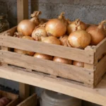 Firm cured yellow onion bulbs in an open wooden storage crate