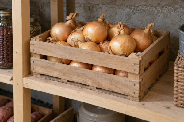 Firm cured yellow onion bulbs in an open wooden storage crate