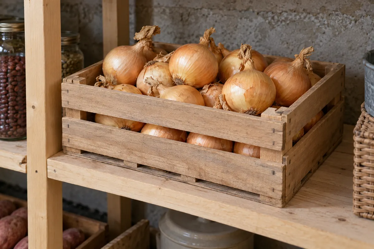 Firm cured yellow onion bulbs in an open wooden storage crate