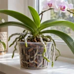 Phalaenopsis orchid with silvery aerial roots over a clear bark-filled pot