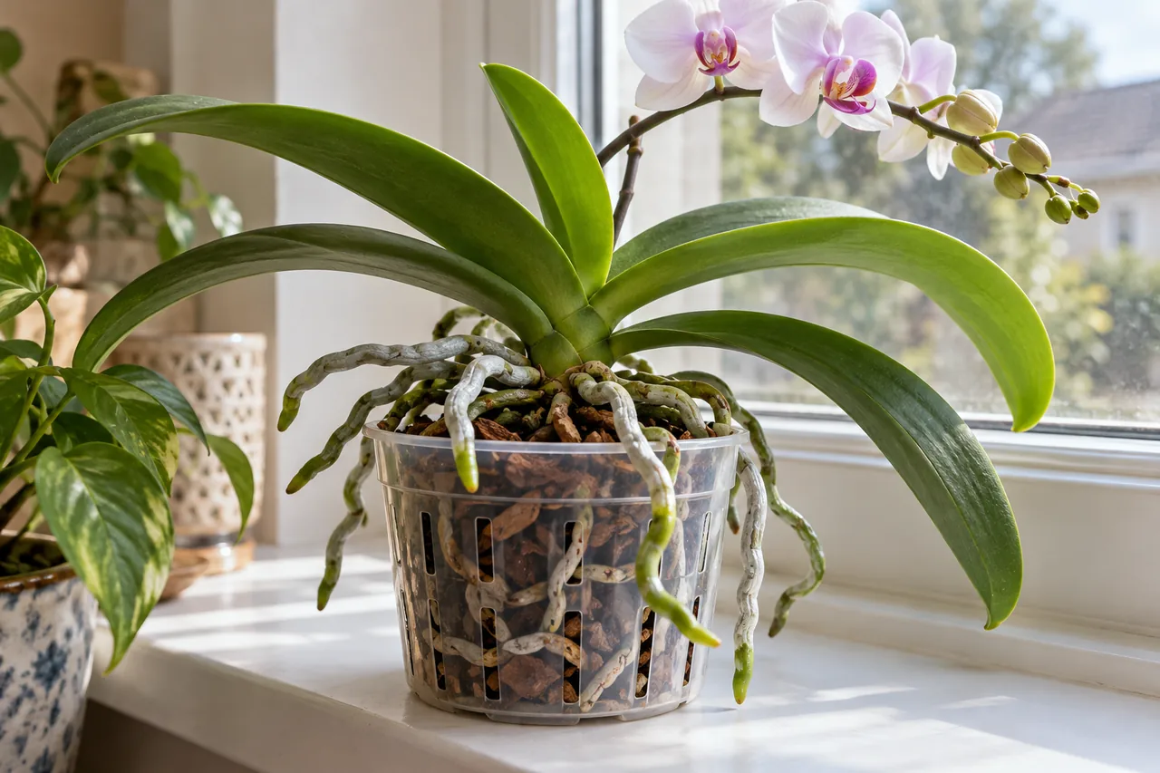 Phalaenopsis orchid with silvery aerial roots over a clear bark-filled pot