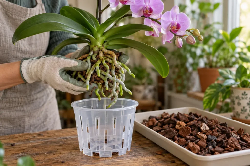 Hands supporting an orchid above a slotted pot beside fresh coarse bark