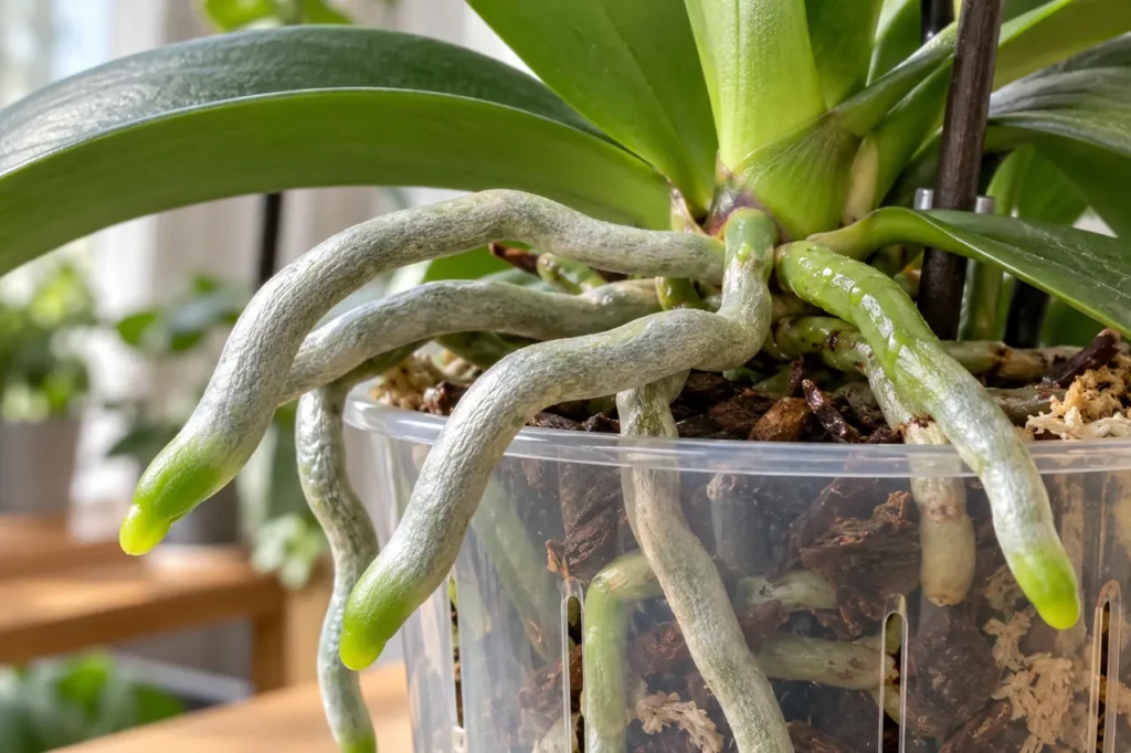 Silvery orchid roots with green tips above a clear pot