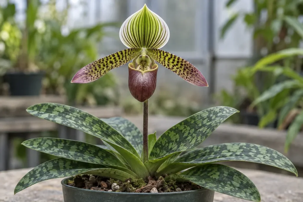 Paphiopedilum flower with a pouch-shaped lip above mottled green leaves