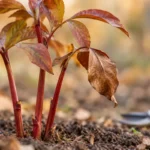 Herbaceous peony with bronze and brown autumn foliage and pruners resting nearby