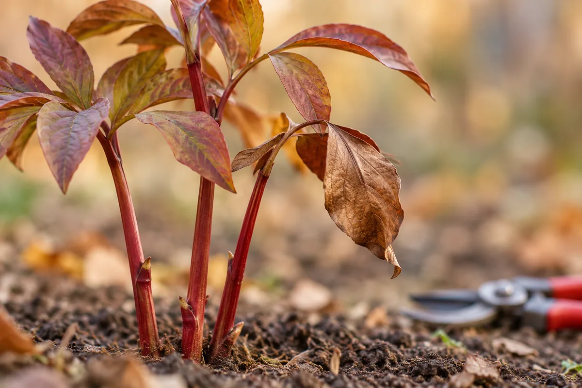 Herbaceous peony with bronze and brown autumn foliage and pruners resting nearby