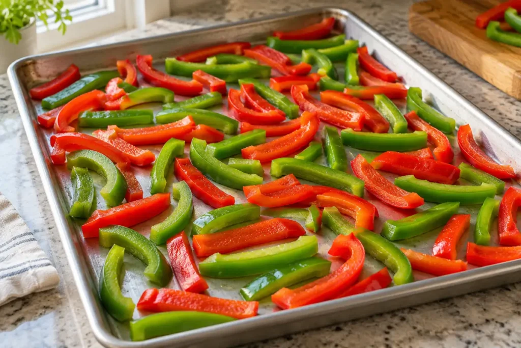 Red and green bell pepper strips spread on a rimmed baking sheet