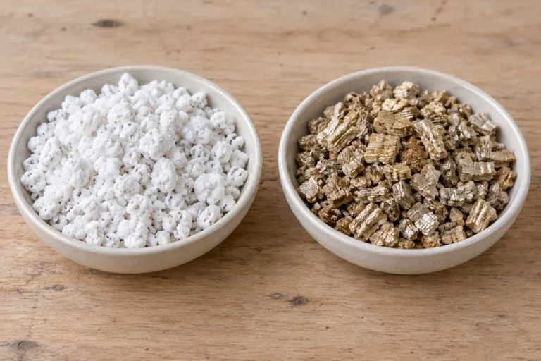 White porous perlite granules beside tan layered vermiculite in separate dishes