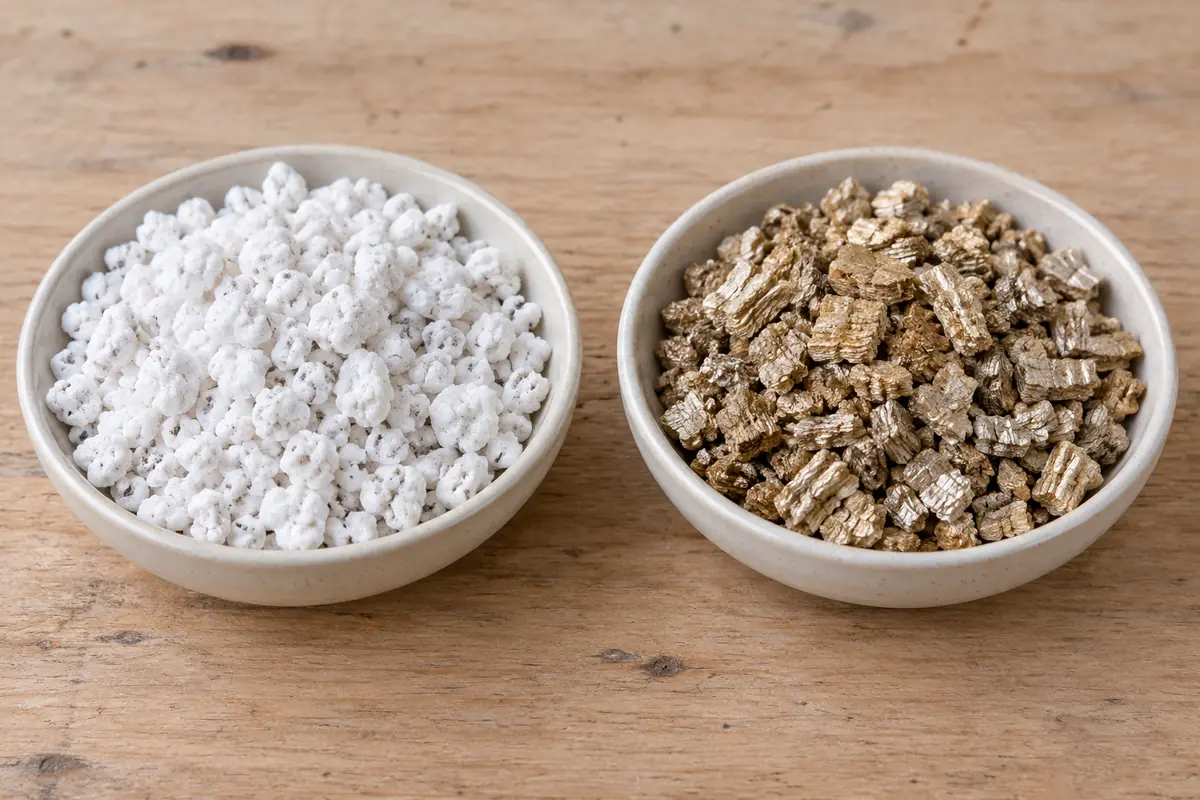 White porous perlite granules beside tan layered vermiculite in separate dishes