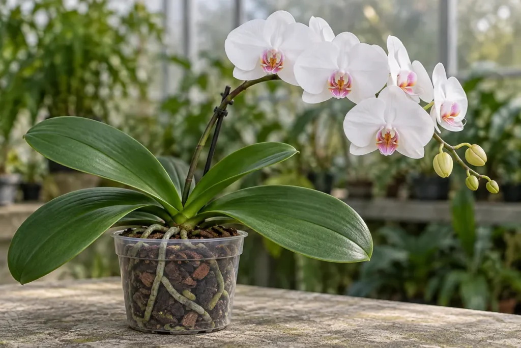 White Phalaenopsis flowers on an arching spike above broad green leaves