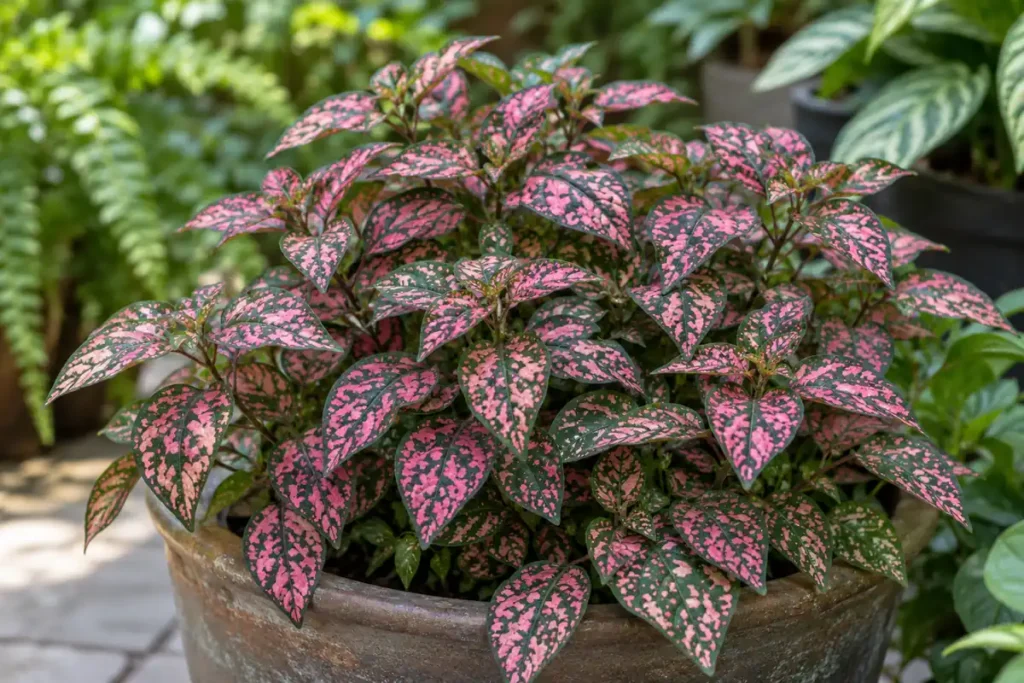 Pink-spotted green polka-dot plant leaves filling a shaded patio container