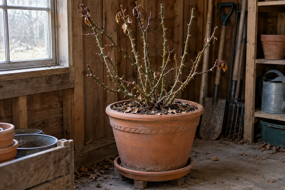 Dormant rose in a large pot inside an unheated garden shed