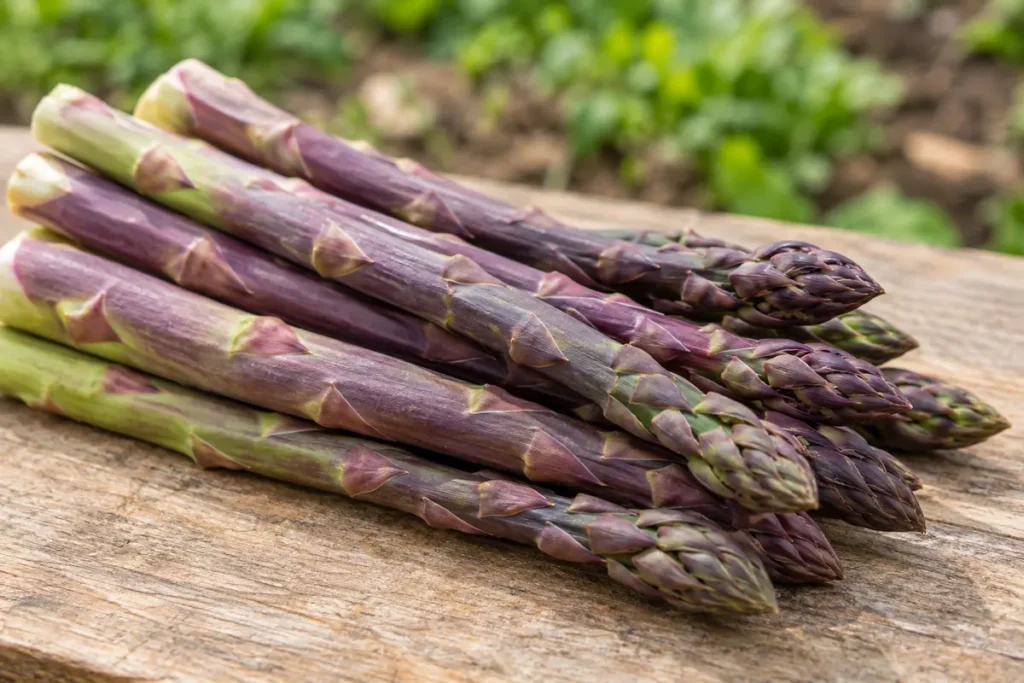 Fresh purple asparagus spears with closed pointed tips