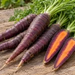 Purple carrots cut lengthwise to show purple outer layers and orange centers