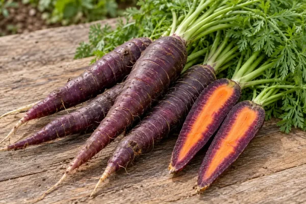 Purple carrots cut lengthwise to show purple outer layers and orange centers