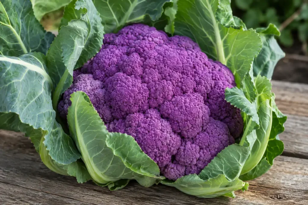Purple cauliflower head with tightly packed violet curds and green leaves