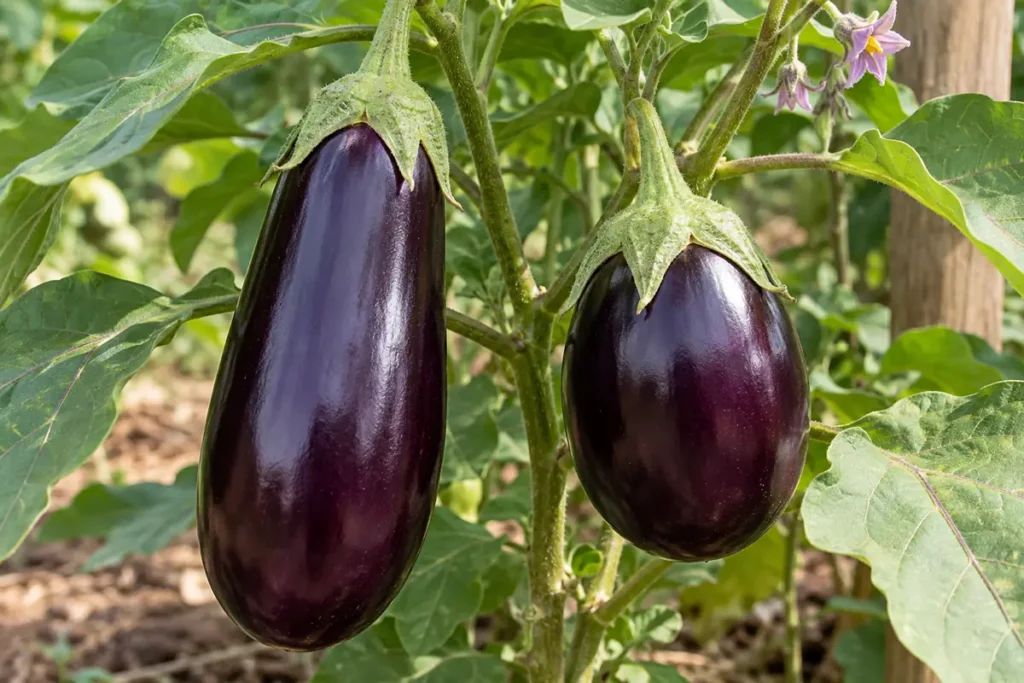Glossy purple eggplant fruits with green calyces attached to a garden plant