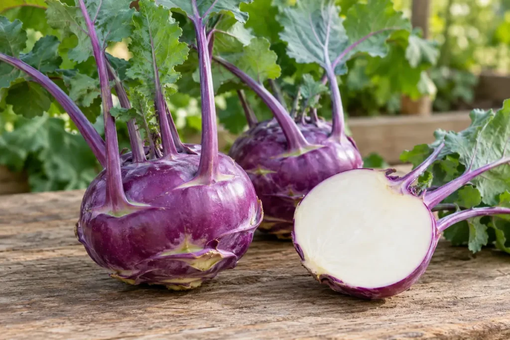 Purple kohlrabi with long leaf stalks and a cut stem showing pale flesh