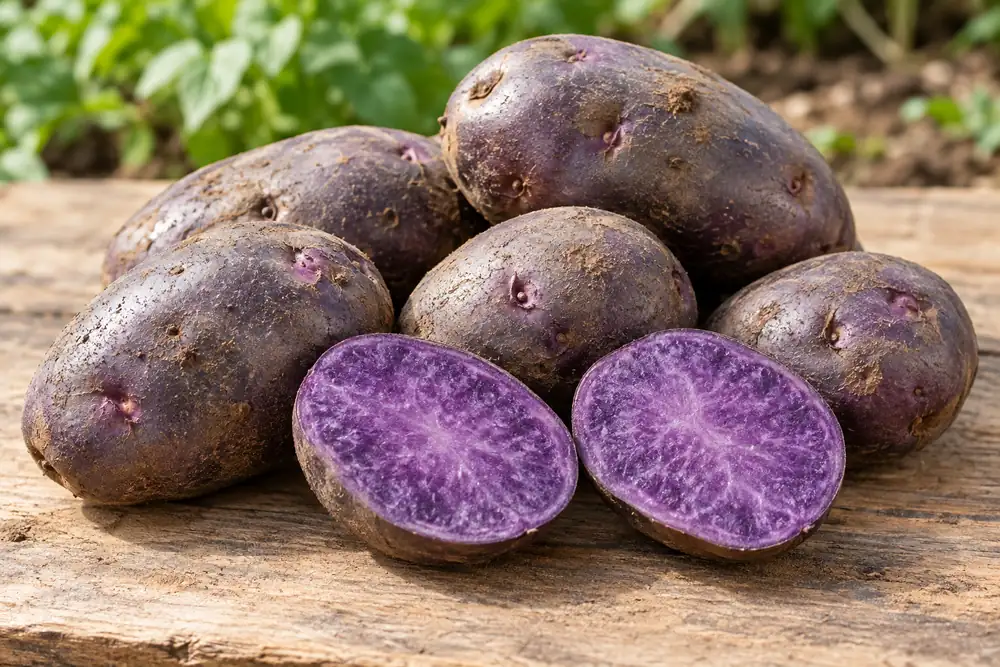 Purple-skinned potatoes cut open to show purple flesh throughout