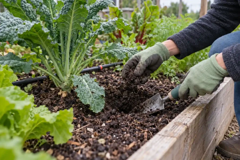 Hand crumbling a soil sample beside a trowel and vegetables in a raised bed