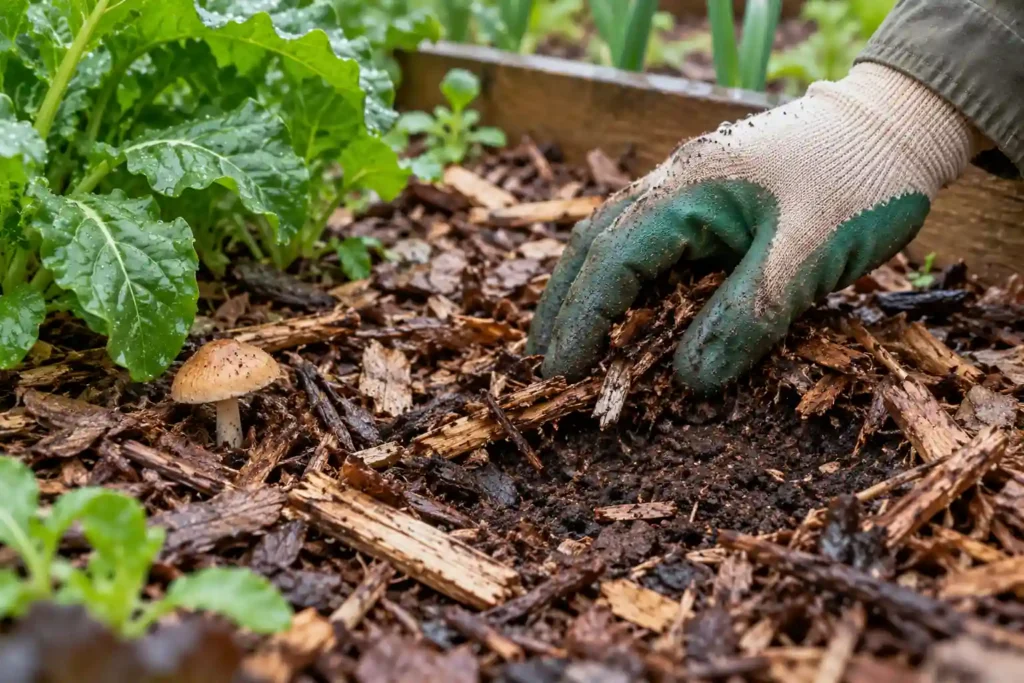 Gloved hand moving wood chips beside small mushrooms in a raised vegetable bed