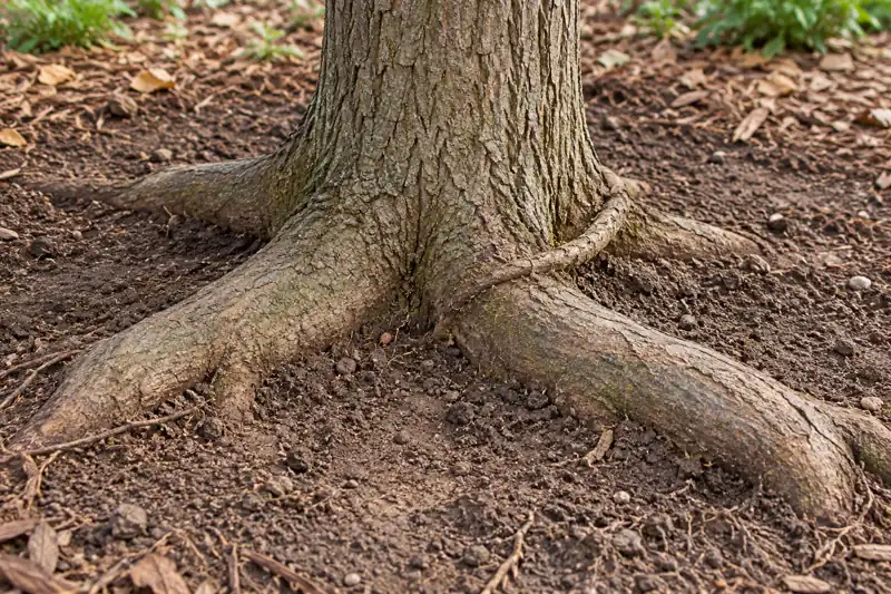woody root crossing the base of a flared tree trunk