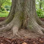 Tree trunk widening into structural roots above a mulch ring