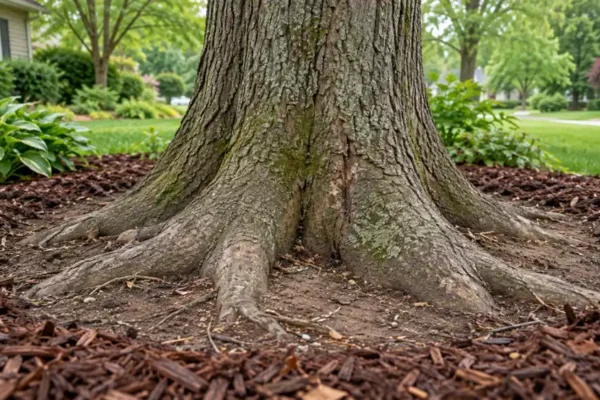 Tree trunk widening into structural roots above a mulch ring