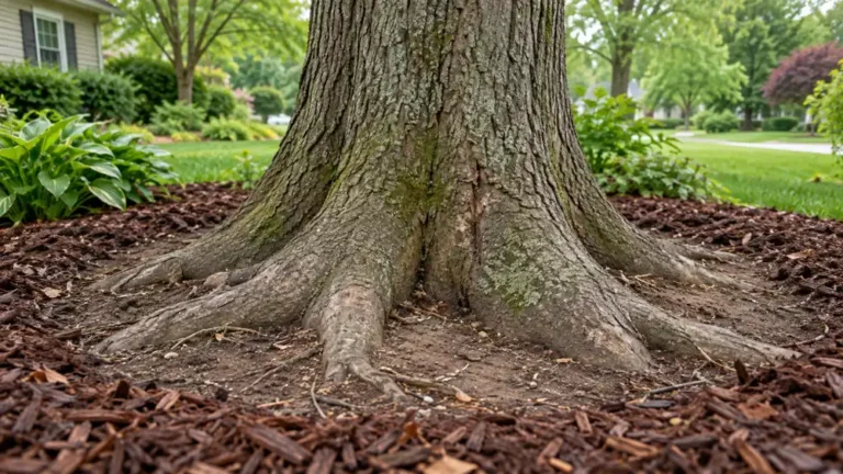 Tree trunk widening into structural roots above a mulch ring