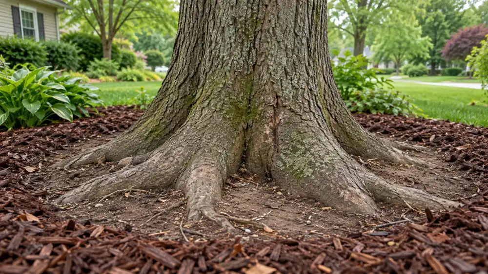 Tree trunk widening into structural roots above a mulch ring