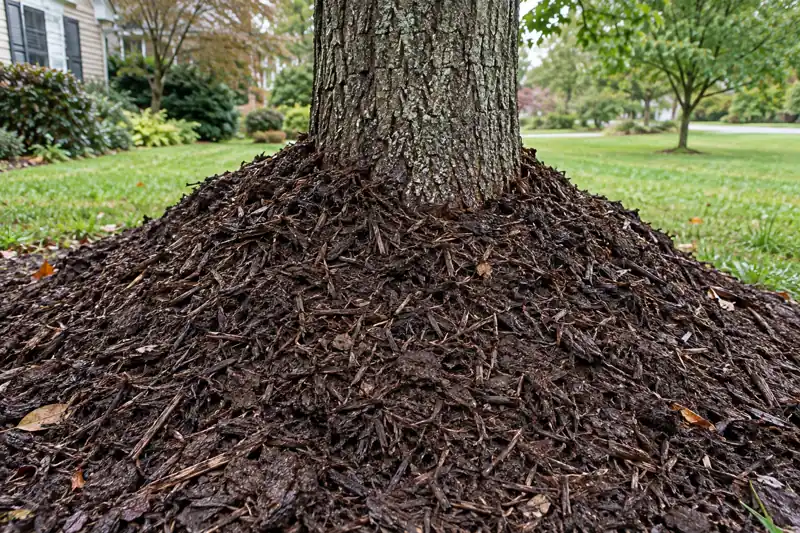 Deep mulch mound touching bark and hiding the base of a tree