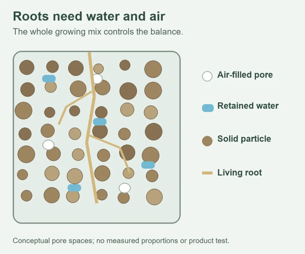 Root-zone particles surrounded by both retained water and air-filled pore spaces